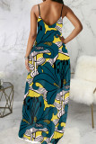 Yellow Blue Casual Print Patchwork Spaghetti Strap Sling Dress Dresses