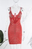 Red Sexy Solid See-through Hot Drill Spaghetti Strap Sling Dress Dresses