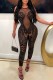 Black Sexy Patchwork Sequins See-through O Neck Skinny Jumpsuits