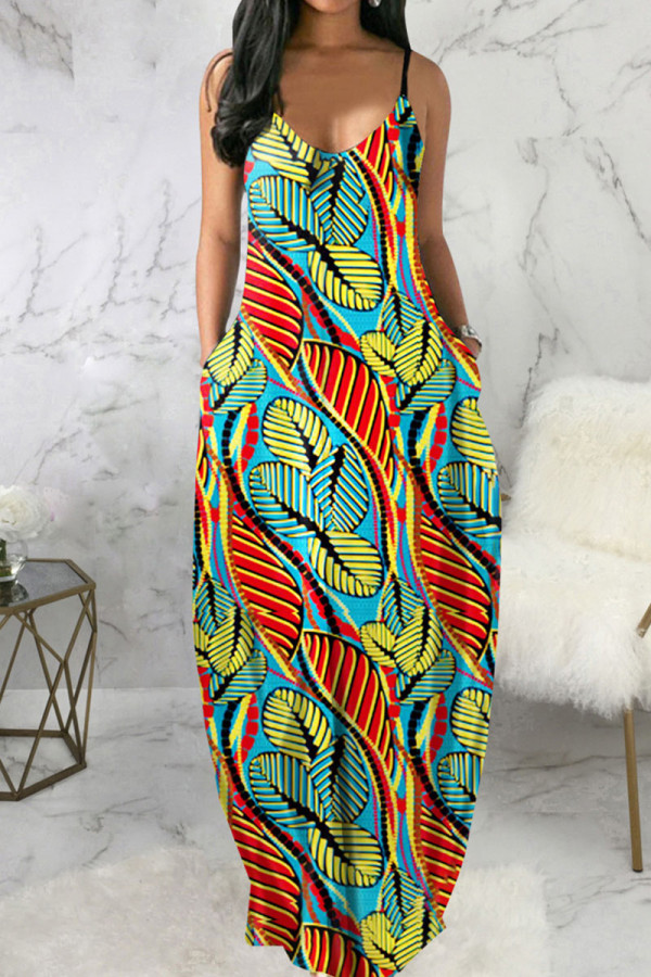 Orange Green Casual Print Patchwork Spaghetti Strap Sling Dress Dresses
