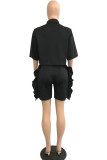 Blue Casual Solid Patchwork Frenulum Buckle Stringy Selvedge Turndown Collar Short Sleeve Two Pieces