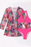 Rose Red Sexy Print Patchwork Swimsuit Three Piece Set (With Paddings)
