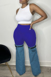 Blue Casual Patchwork Contrast Regular High Waist Conventional Patchwork Trousers
