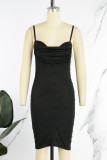 Black Sexy Solid Backless V Neck Sling Dress Dresses