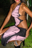 Purple Sexy Print Bandage Patchwork Backless Asymmetrical Oblique Collar Dresses