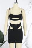 Black Sexy Solid Hollowed Out Backless Spaghetti Strap Sleeveless Dress Dresses
