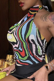 Black Sexy Print Patchwork Backless Halter Tops