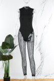 Black Sexy Solid Patchwork See-through V Neck Skinny Jumpsuits