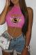 Rose Red Casual Print Basic O Neck Tops