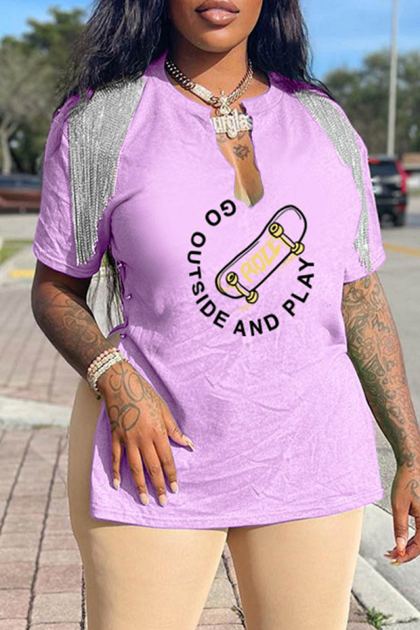 Light Pink Casual Print Tassel Patchwork Slit V Neck T-Shirts