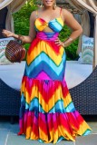 Colour Sexy Print Hollowed Out Backless Spaghetti Strap Long Dress Dresses