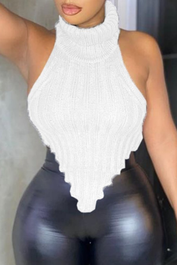 White Sexy Casual Solid Backless Turtleneck Tops