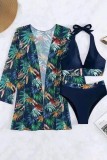 Blue Sexy Print Patchwork Swimsuit Three Piece Set (With Paddings)