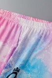 Pink Casual Letter Print Tie-dye O Neck Short Sleeve Two Pieces