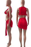 Red Sexy Solid Patchwork Frenulum Asymmetrical O Neck Sleeveless Two Pieces