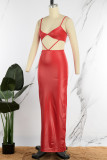 Red Sexy Solid Patchwork Backless Spaghetti Strap Long Dress Dresses