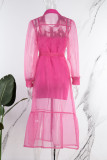 Rose Red Casual Solid Patchwork Buckle Turndown Collar Long Sleeve Two Pieces