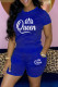 Blue Casual Letter Print Basic O Neck Short Sleeve Two Pieces