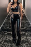 Black Sexy Casual Solid Hollowed Out Backless Halter Sleeveless Two Pieces