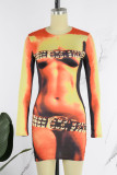 Yellow Sexy Street Print Patchwork O Neck One Step Skirt Dresses