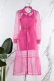Rose Red Casual Solid Patchwork Buckle Turndown Collar Long Sleeve Two Pieces