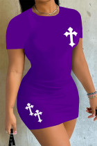 Purple Casual Street Print Patchwork O Neck One Step Skirt Dresses