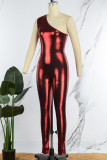 Red Casual Solid Backless Oblique Collar Skinny Jumpsuits