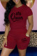 Burgundy Casual Letter Print Basic O Neck Short Sleeve Two Pieces