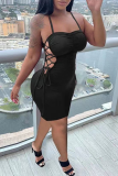 Black Sexy Solid Draw String Spaghetti Strap Pencil Skirt Dresses