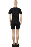 Black Casual Solid Bandage Hollowed Out Patchwork O Neck Short Sleeve Two Pieces