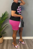 Black Casual Print Patchwork Letter O Neck Short Sleeve Two Pieces