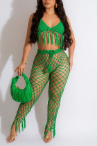 Green Sexy Solid Tassel Bandage Hollowed Out Patchwork Halter Sleeveless Two Pieces