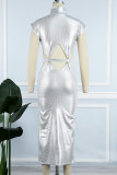 White Sexy Solid Hollowed Out Slit Turtleneck Long Dress Dresses