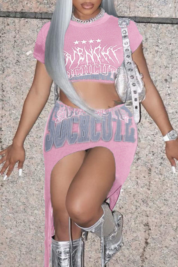 Pink Sexy Street Print Patchwork Asymmetrical O Neck Short Sleeve Two Pieces