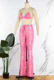 Pink Sexy Print Bandage Backless Spaghetti Strap Sleeveless Two Pieces