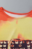 Yellow Sexy Street Print Patchwork O Neck One Step Skirt Dresses