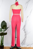 Rose Red Sexy Solid Patchwork Fold Without Belt Halter Sleeveless Two Pieces