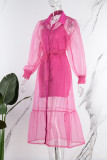 Rose Red Casual Solid Patchwork Buckle Turndown Collar Long Sleeve Two Pieces