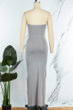 Grey Sexy Solid Hollowed Out Backless Strapless Long Dress Dresses