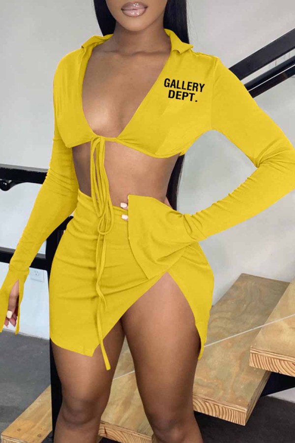 Yellow Sexy Street Print Bandage Letter Turndown Collar Long Sleeve Two Pieces
