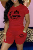 Red Casual Letter Print Basic O Neck Short Sleeve Two Pieces