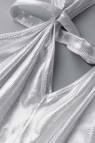White Sexy Solid Hollowed Out Slit Turtleneck Long Dress Dresses