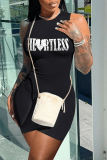 Black Sexy Print Patchwork Letter O Neck Skinny Rompers