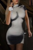 Blue Casual Print Basic Half A Turtleneck Short Sleeve Dress