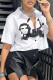 White Casual Street Print Patchwork Buckle Turndown Collar Tops