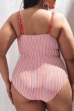 Red Sexy Print Backless Spaghetti Strap Plus Size Swimwear (With Paddings)