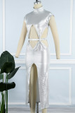 White Sexy Solid Hollowed Out Slit Turtleneck Long Dress Dresses