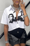 White Casual Street Print Patchwork Buckle Turndown Collar Tops
