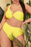 Yellow Sexy Solid Backless One Shoulder Plus Size Swimwear (With Paddings)