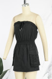 Black Casual Solid Patchwork Backless Strapless Sleeveles Romper
